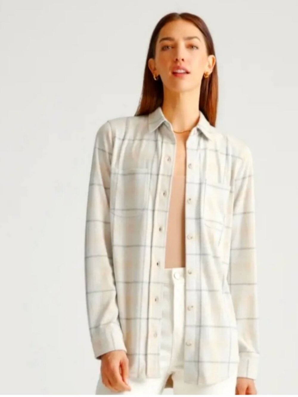 Quince Women's Stretch Sweater Fleece Window Pane Shirt Size Medium